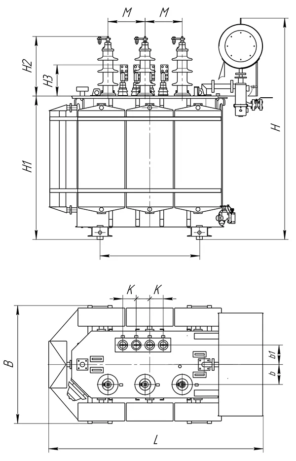 Габаритные размеры масляного трансформатора типа ТМ 1600 кВ*А с ПБВ