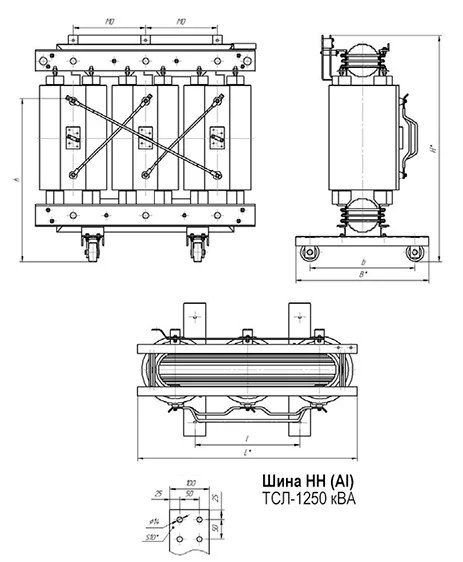 Конструкция сухого трансформатора с литой изоляцией типа ТСЛ 1250 кВ*А