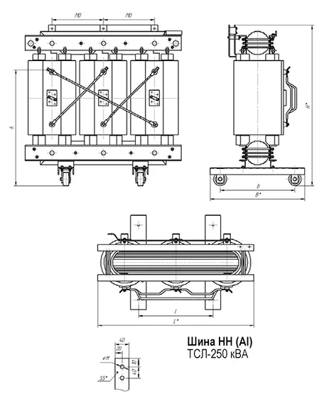 Конструкция сухого трансформатора с литой изоляцией типа ТСЛ 250 кВ*А