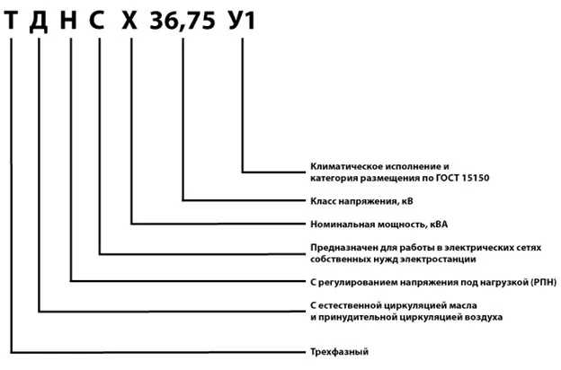 Схема условного обозначения трансформатора ТДНС 10000 кВА 36,75/6,3 кВ AL