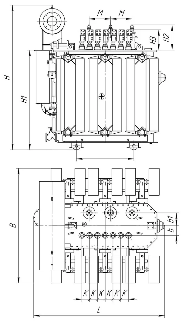 Габаритные размеры масляного трансформатора типа ТМ 2500 кВ*А с ПБВ