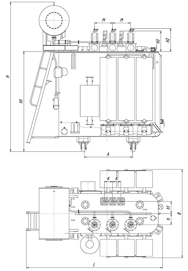 Габаритные размеры трансформатора ТД 16000 кВА 35 кВ (38,5)/10,5 кВ