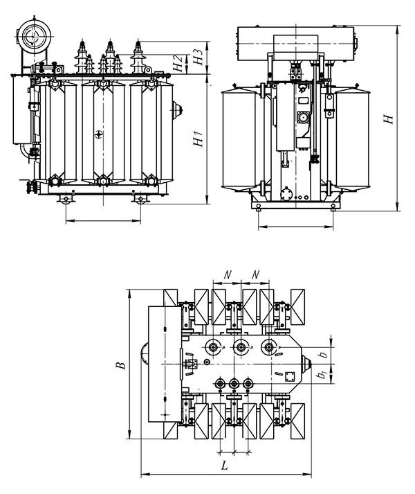 Габаритные размеры Трансформатора ТМ 1600 кВА 35/10,5 кВ с ПБВ