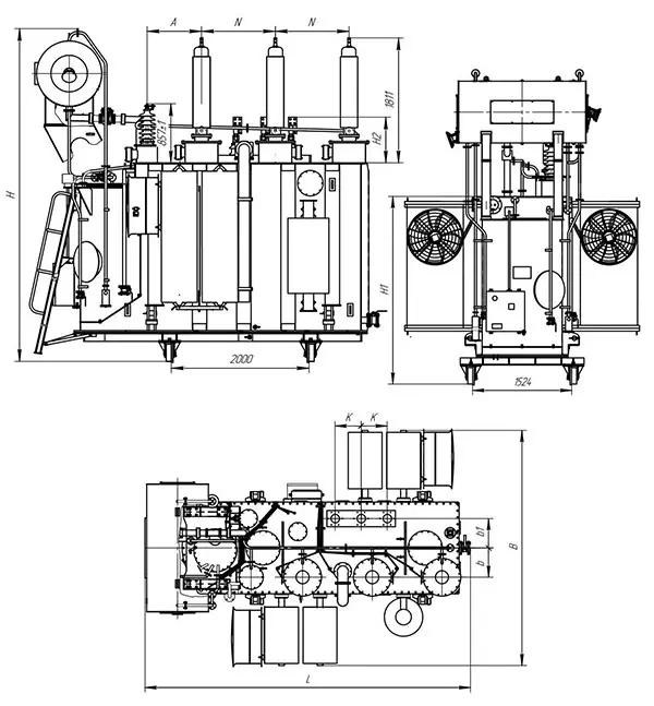 Габаритные размеры трансформатора ТДН 25000 кВА 110/11 кВ