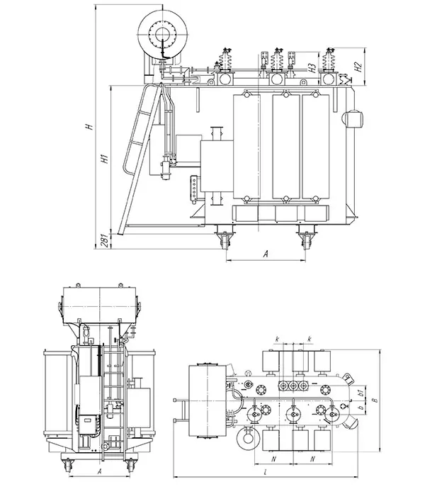 Габаритные размеры масляного трансформатора ТДНС 10000 кВА