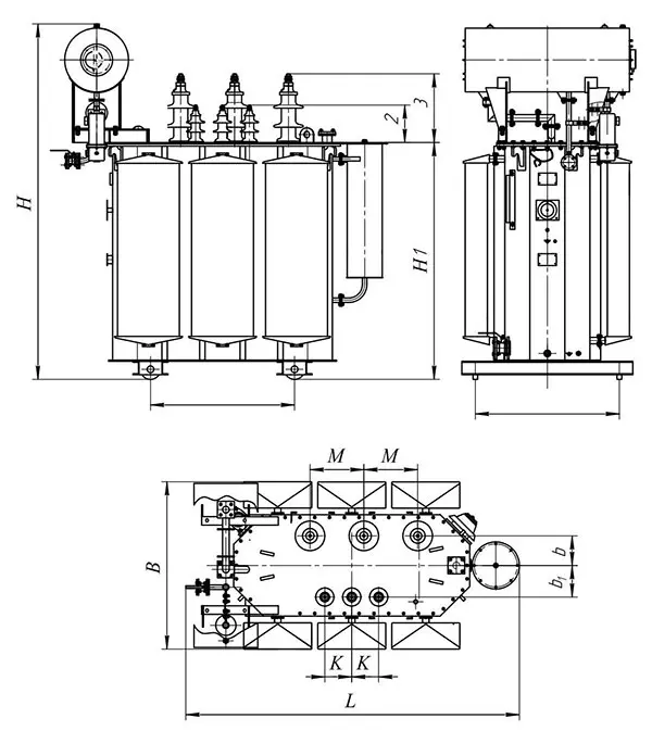 Габаритные размеры трансформатора ТМ 1600 кВА 35/10,5 кВ с ПБВ